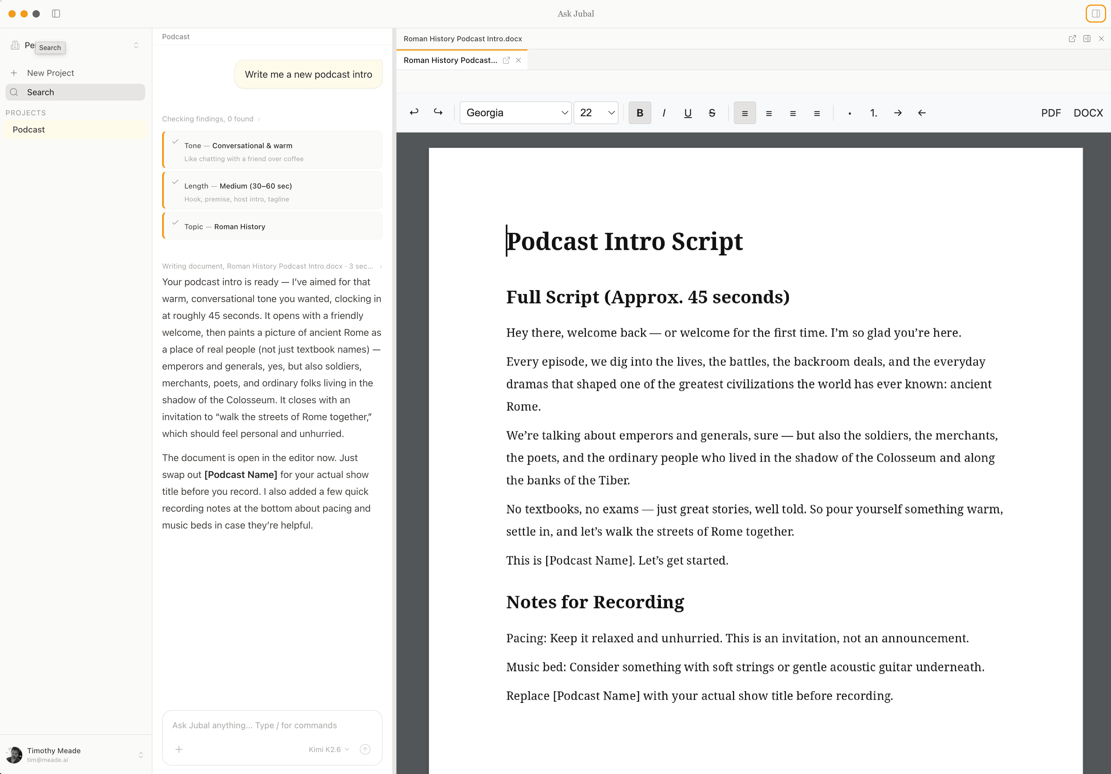 Jubal split view with chat on the left and a rich .docx editor on the right