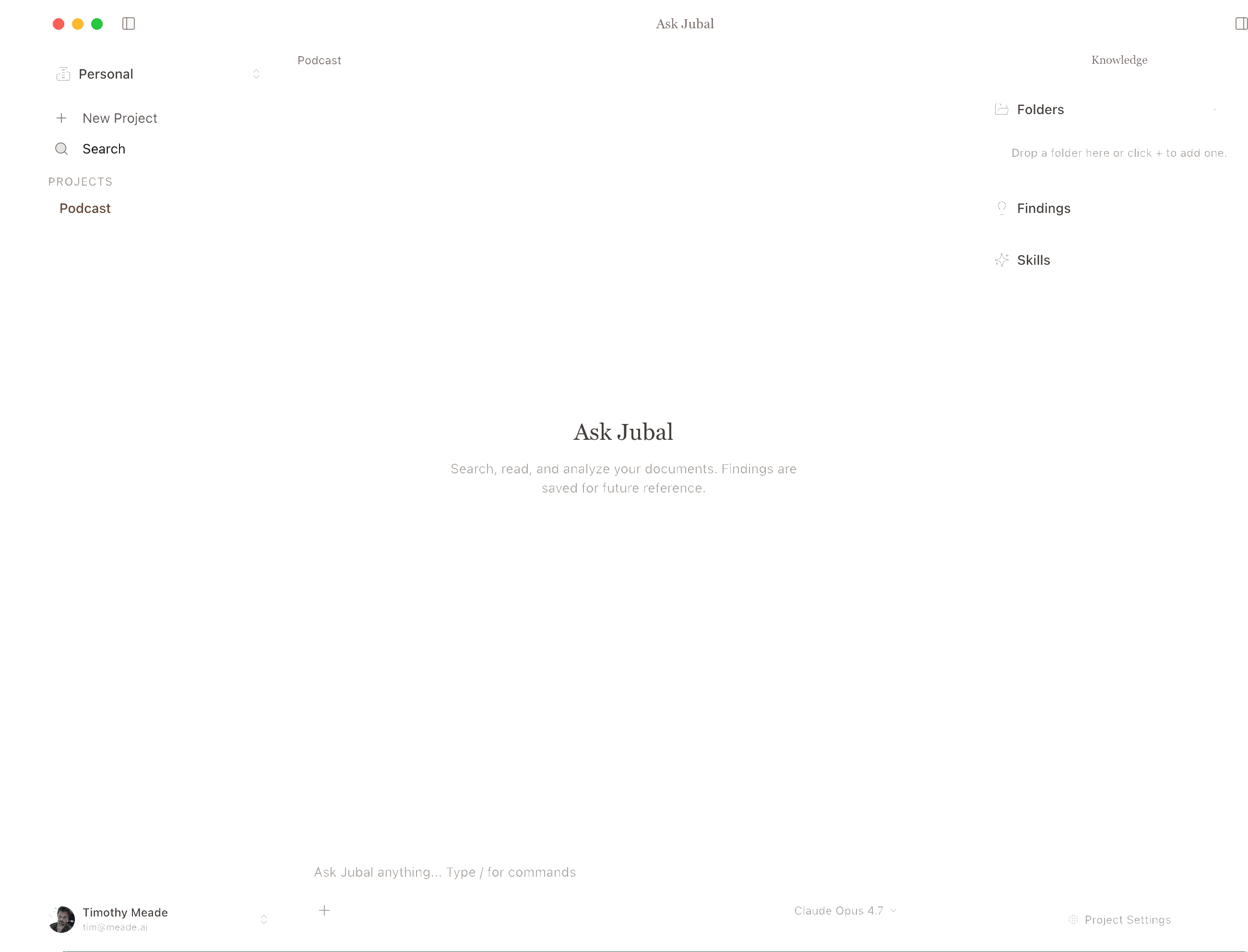 Jubal three-panel layout — projects on the left, chat in the middle, knowledge panel on the right